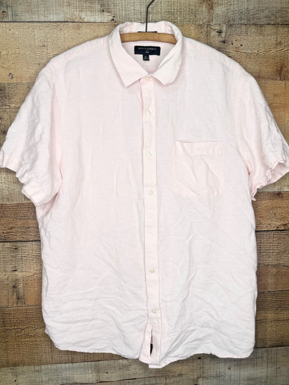 Banana Republic Shirt Mens XL Pink Linen Blend Slim Fit Short Sleeve Button